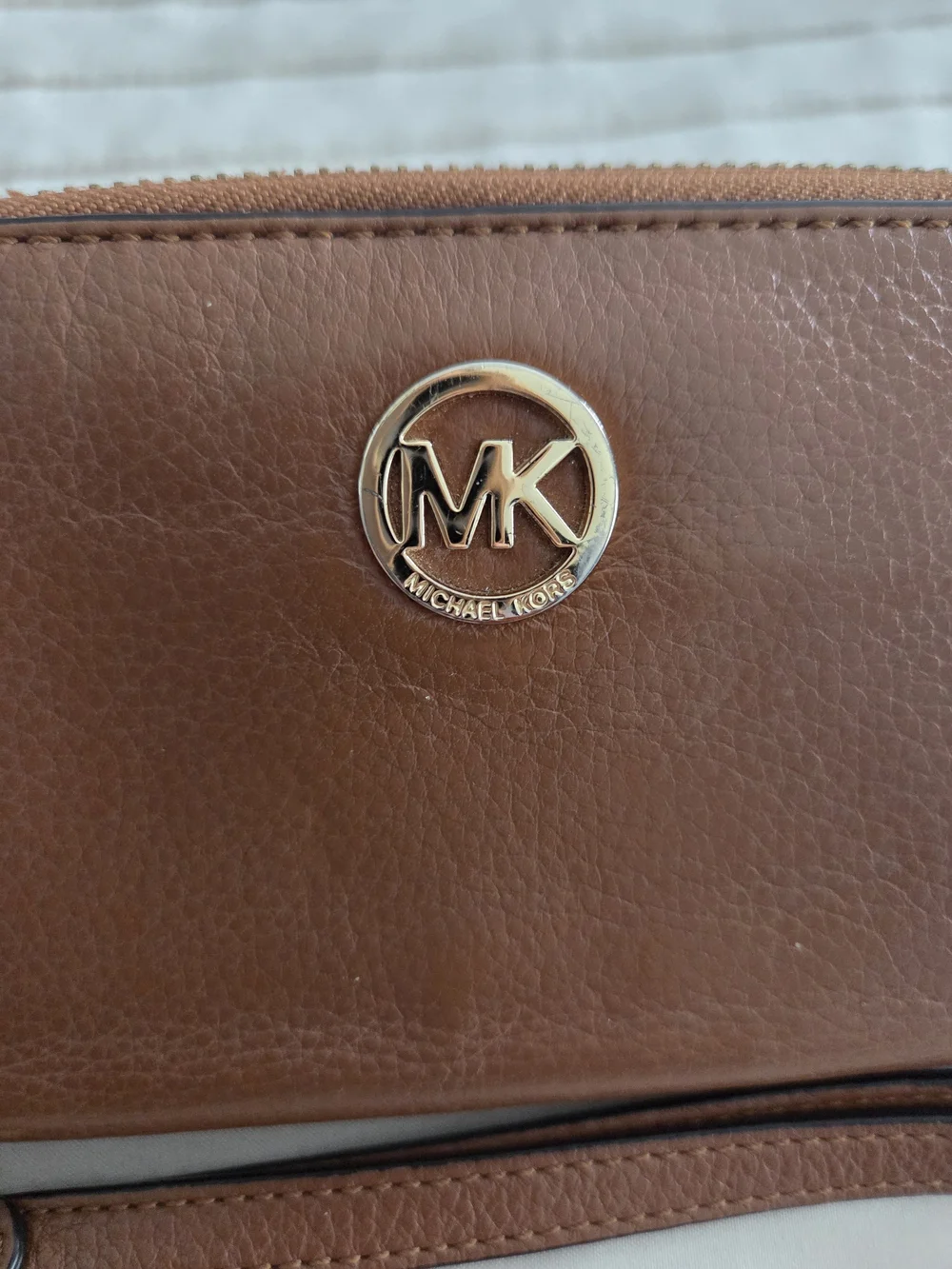 Michael Kors Cognac Leather Wristlet/Wallet with Gold MK Emblem
